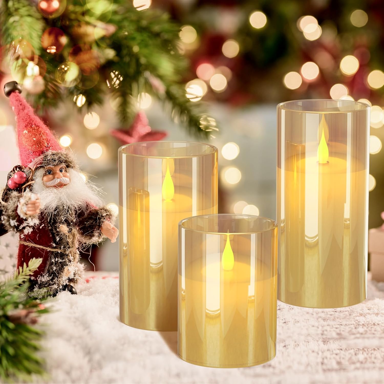 Rechargeable Flameless Candle, Set of 3 Flickering Glass LED Candles with Charging Base and Remote Control, Tea Lights with Timer Function for Festival Wedding Party Decoration