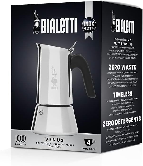 Bialetti New Venus Caffettiera in Acciaio Inox, Adatta all'Induzione, Argento, 4 Tazze,Silver