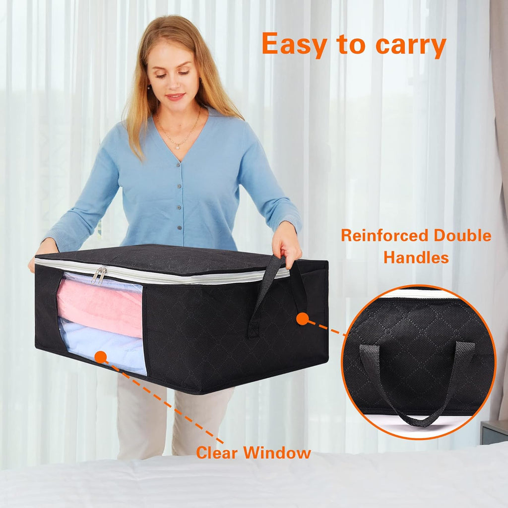 2 Pack Clothes Storage Bags 35L Large Capacity Clothing Organizers with Reinforced Handles Thick Breathable Fabric Foldable Underbed Containers for Bedding Comforter Blanket Black