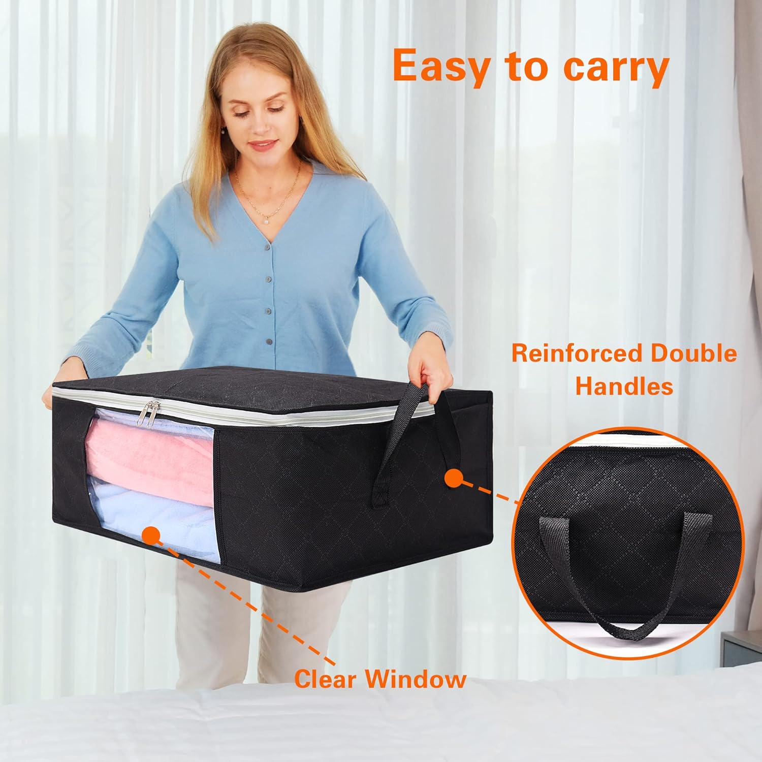 2 Pack Clothes Storage Bags 35L Large Capacity Clothing Organizers with Reinforced Handles Thick Breathable Fabric Foldable Underbed Containers for Bedding Comforter Blanket Black