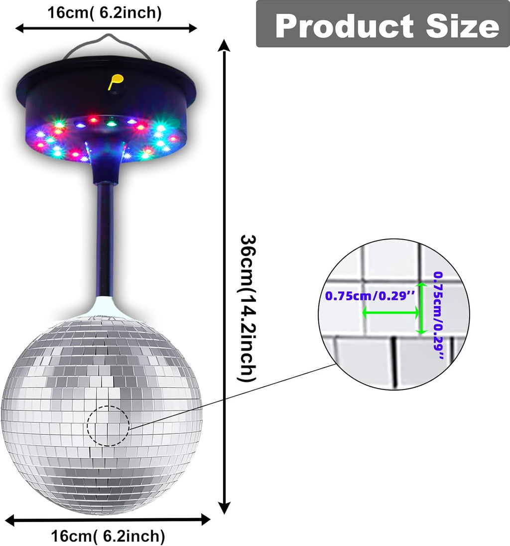 6'' Mirror Disco Ball with 24 LEDs 5-9 RPM Adjustable Rotating Motor Base Disco Lamps Ceiling Decor for Show Party Dancing Hall Club Ktv Nightclubs Bars