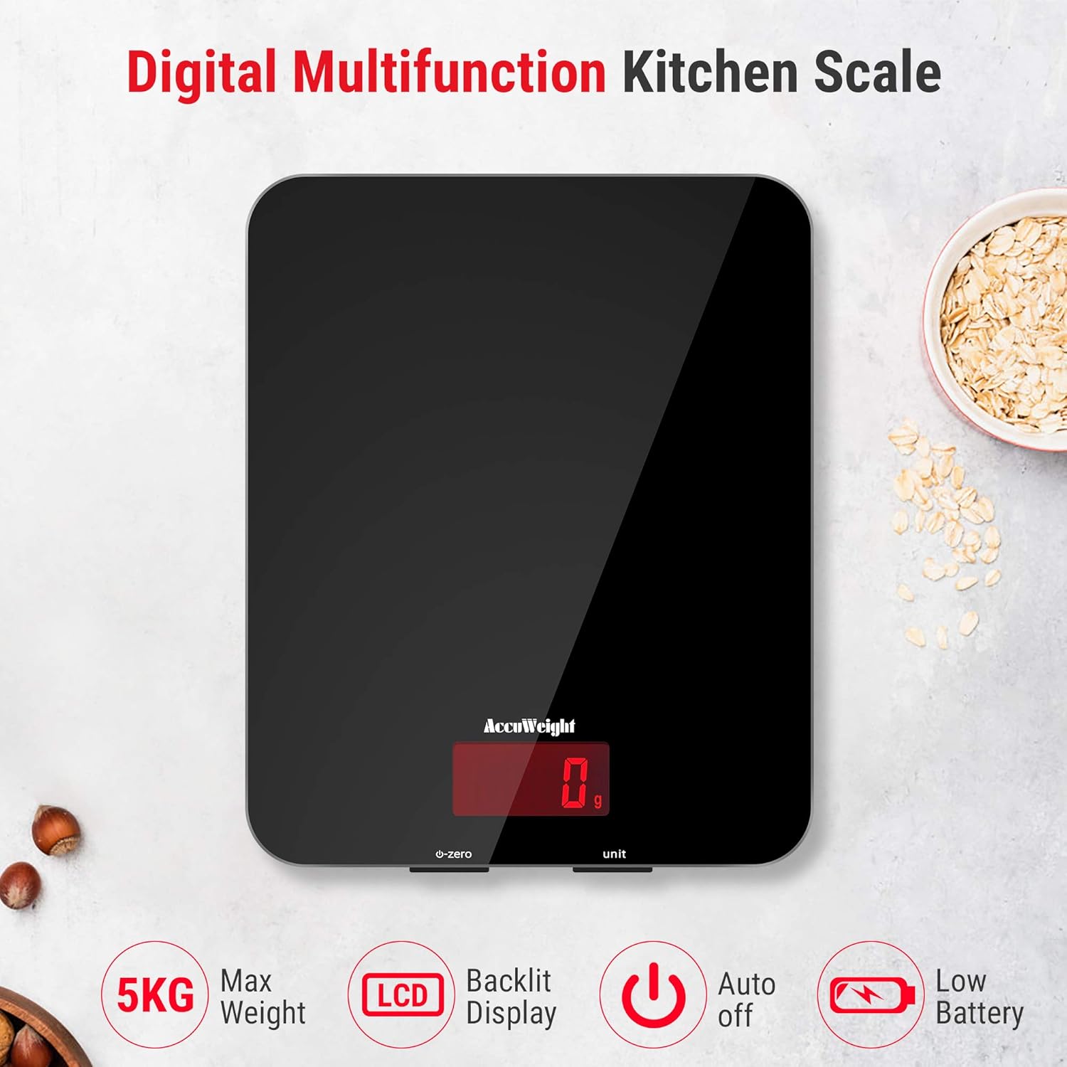 ACCUWEIGHT 201 Digital Kitchen Scales with Tempered Glass Platform (Batteries included), Electronic Weighing Food Scale with Backlit LCD, Multifunction for Office School Home Baking Cooking, 5kg/11lb Secondary image
