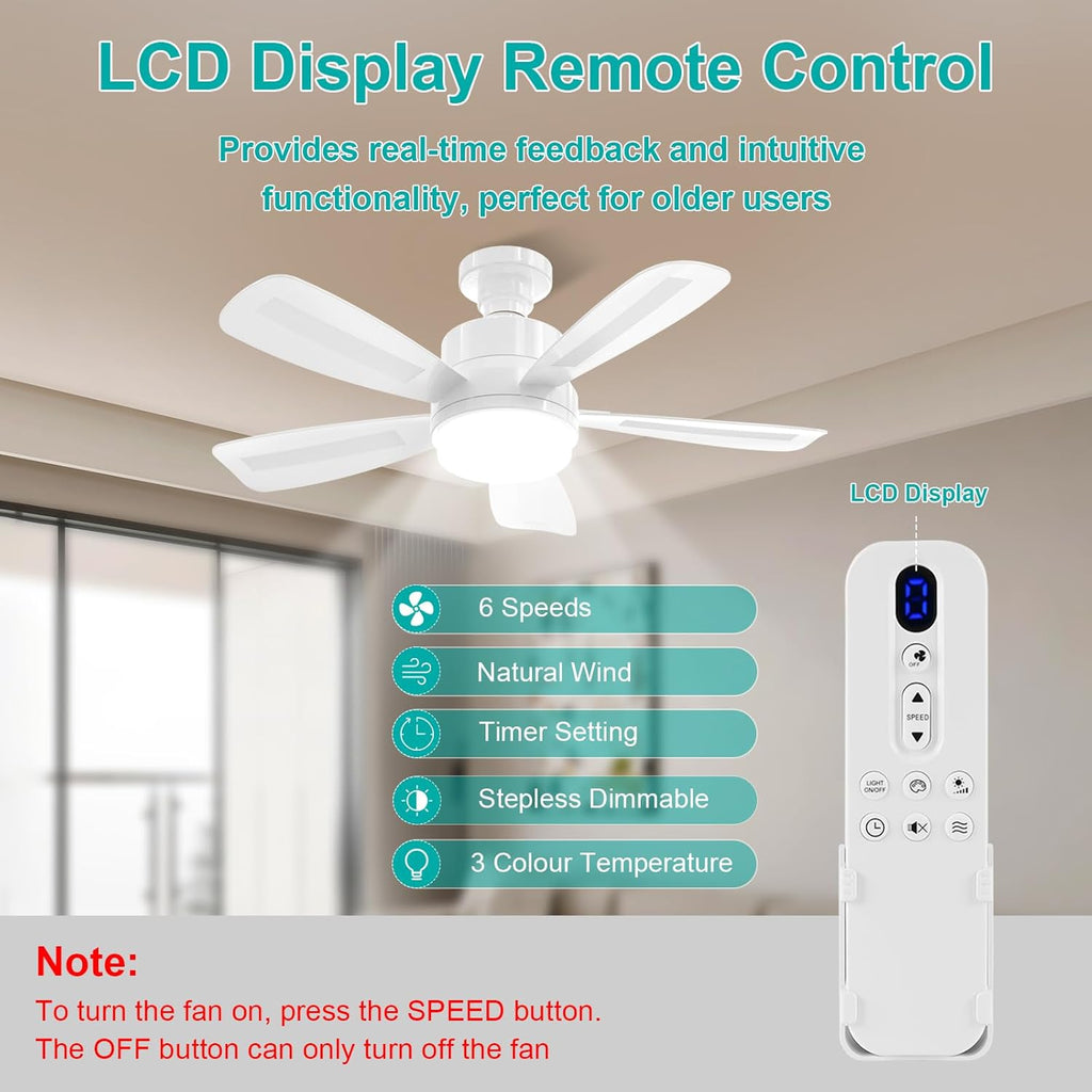 50CM LED Ceiling Fan with Remote, E27 Screw in Light, 6 Speeds, 3 Colours Stepless Dimming 2000 Lumens, Timer for Bedroom, Kitchen, Garage