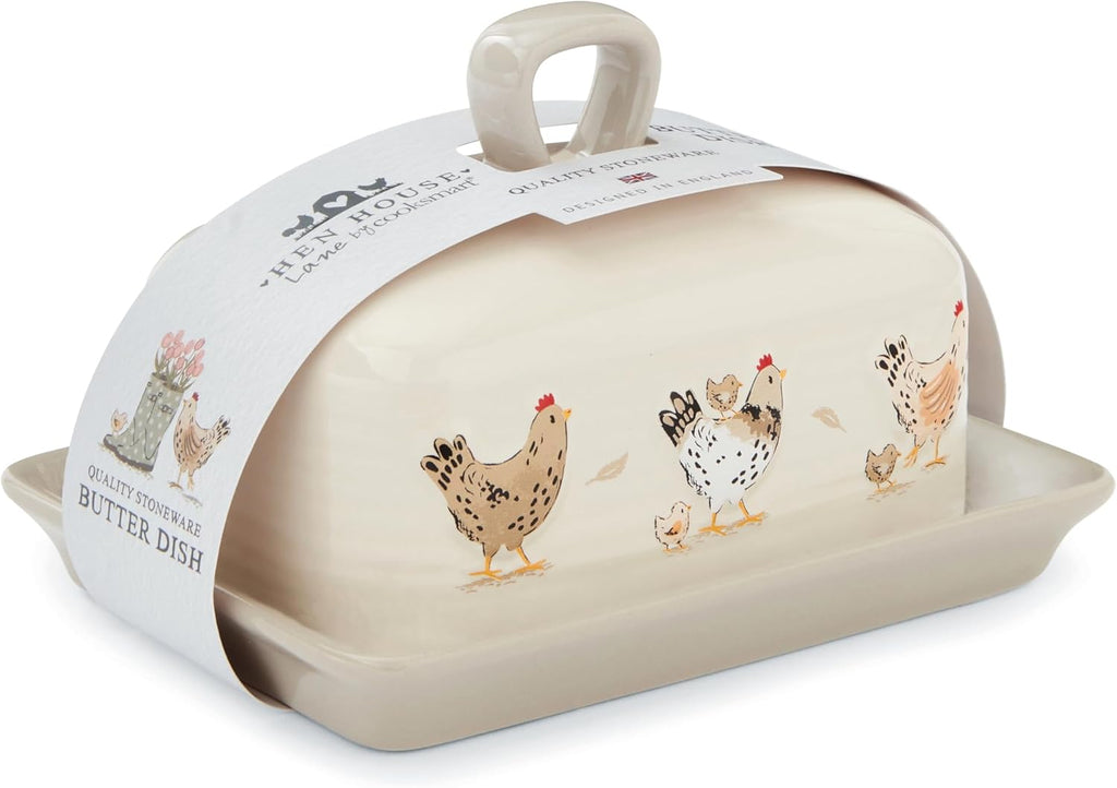 Hen House Lane Butter Dish | British Designed Farmhouse Kitchen Storage | Embossed Stoneware with Ribbed Body | Rustic Countryside Style | Dishwasher & Microwave Safe