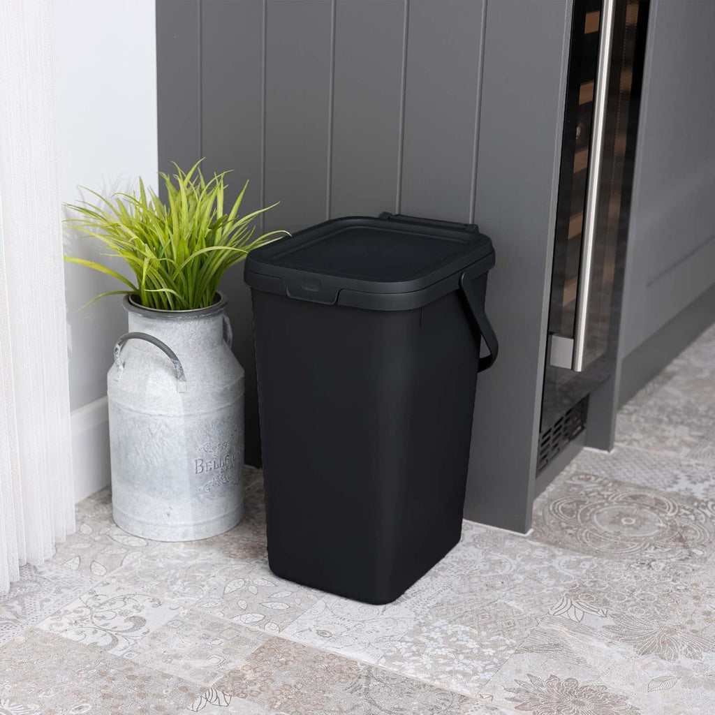 519282 Kitchen Recycling & General Storage bin 18 litres Stackable Food Waste Organiser Caddy with Clip lock lid & carrying Handle,Eco Black