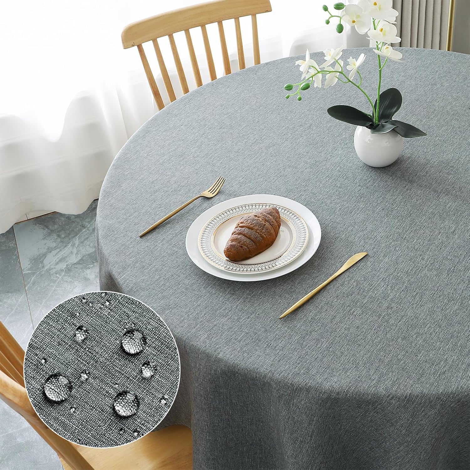 AooHome Tablecloth Round Φ120cm Grey, Wipe Clean Tablecloths Washable Polyester Faux Linen Tablecloth Water-repellent with Lotus-effect, Durable Scratch Resistant for Dining room, Balcony, Garden Main image