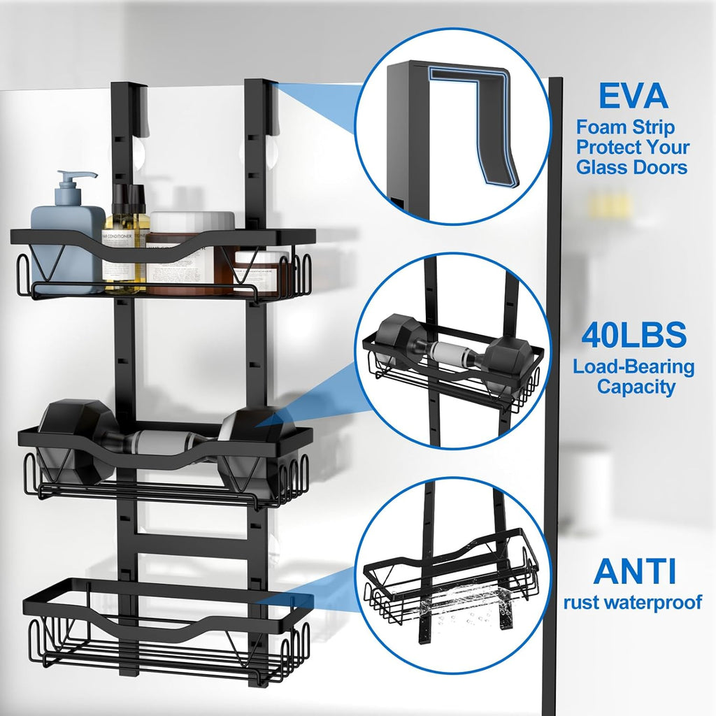 Hanging Shower Caddy, Over Door Shower Shelf 3 Layers, Bathroom Shelves No Drilling (Black - 3 layers)