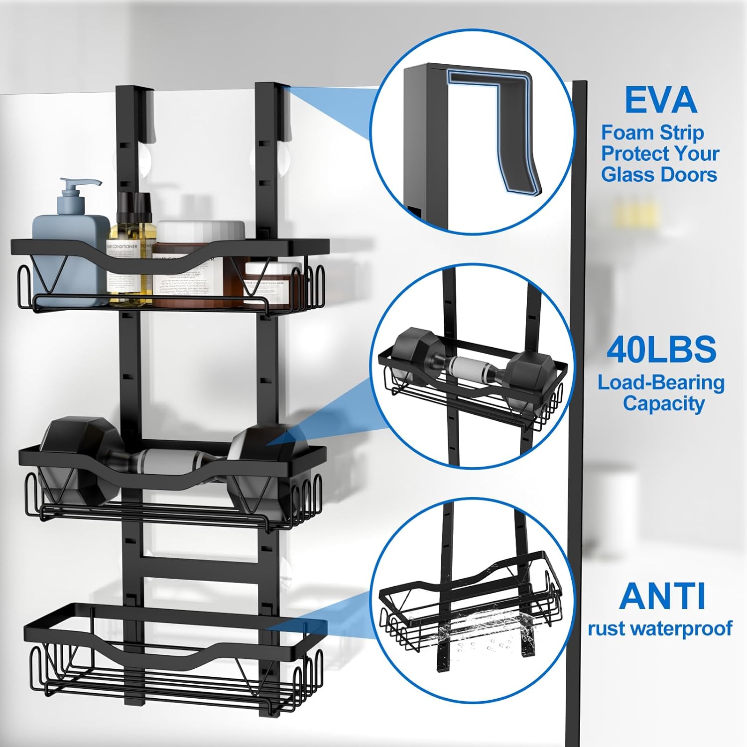 Hanging Shower Caddy, Over Door Shower Shelf 3 Layers, Bathroom Shelves No Drilling (Black - 3 layers)