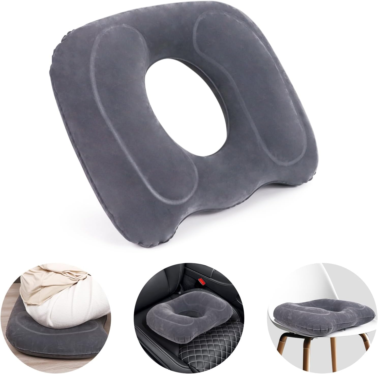 Inflatable Hemorrhoid Pillows, Donut Pillow for Tailbone Pain, Adjustable Inflatable Seat Cushion for Bed Sores, Postpartum Pregnancy, Car Seat, Airplane, 17.7'' x 15.4'' x 4.3''(Grey) Main image