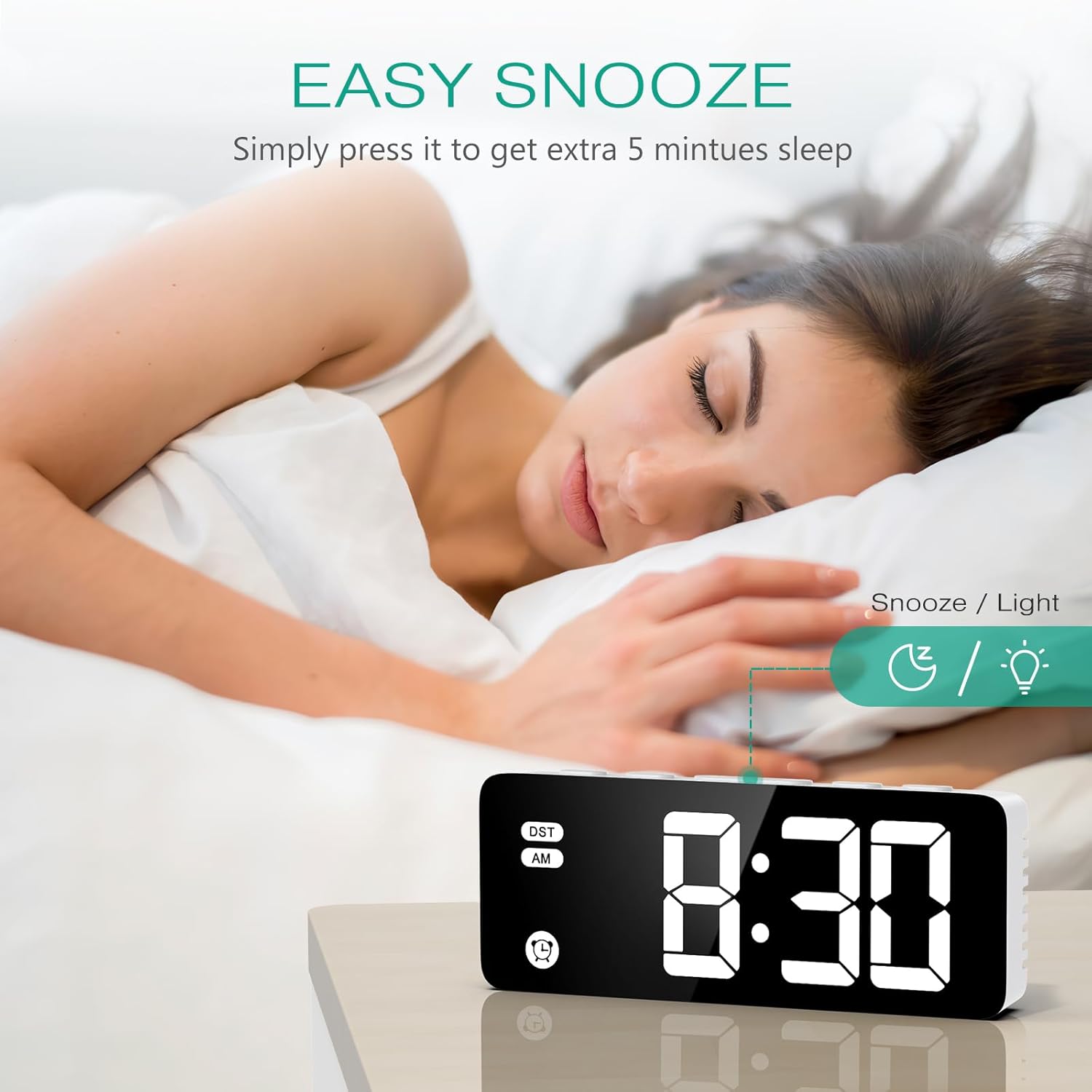 Digital Alarm Clock, 5.8 Inches LED Bedside Clock for Kids Bedrooms with 4 Dimmable Brightness, 3 Adjustable Volume, Snooze (1.5m USB Cable Included)