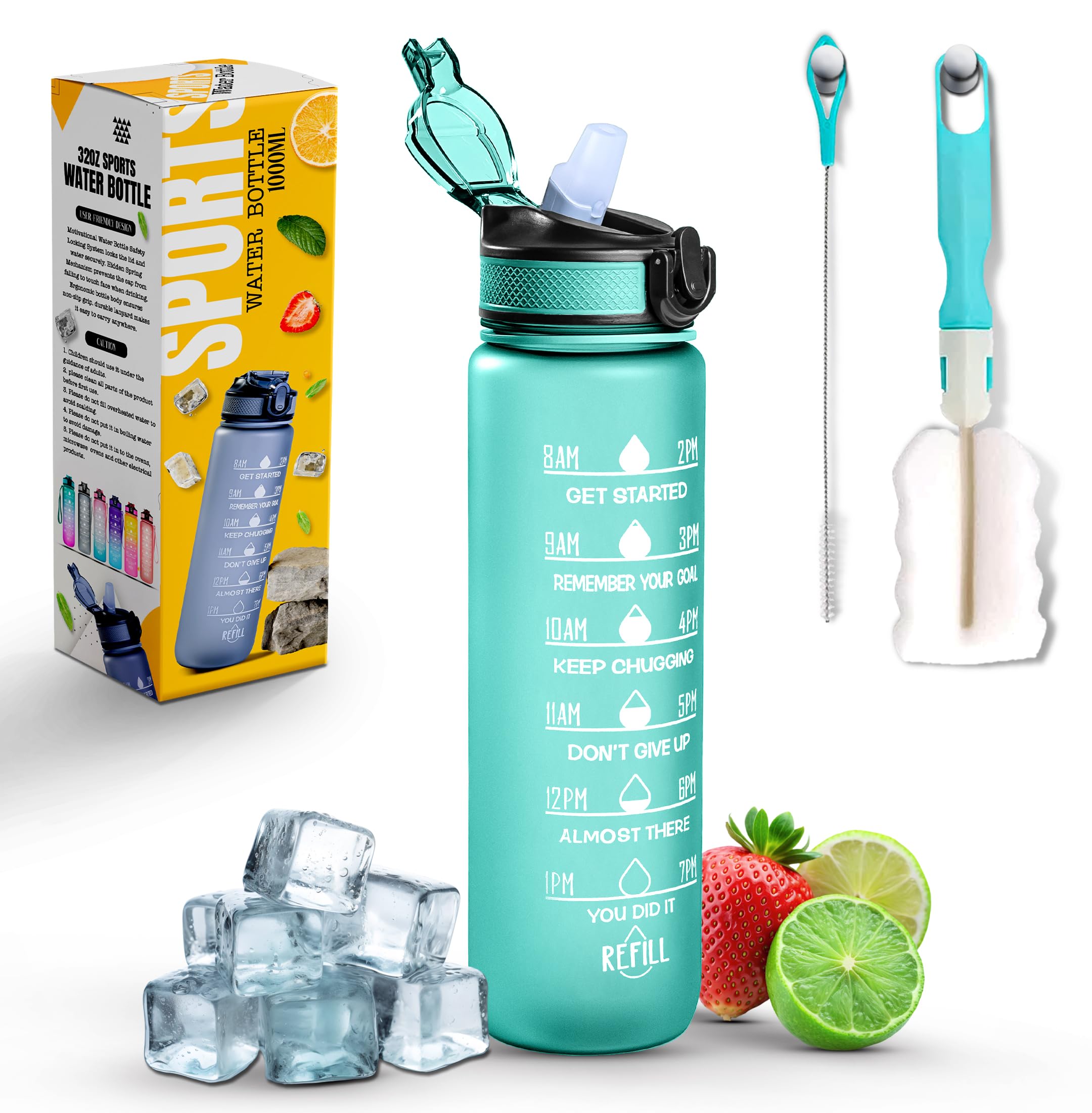 Sports Water Bottle with Straw and Time Marking, and 32OZ Capacity - Motivational and Eco-Friendly BPA-Free Bottle for Running, Gym, Yoga, Outdoors, and Camping (Style-1, Black) Main image