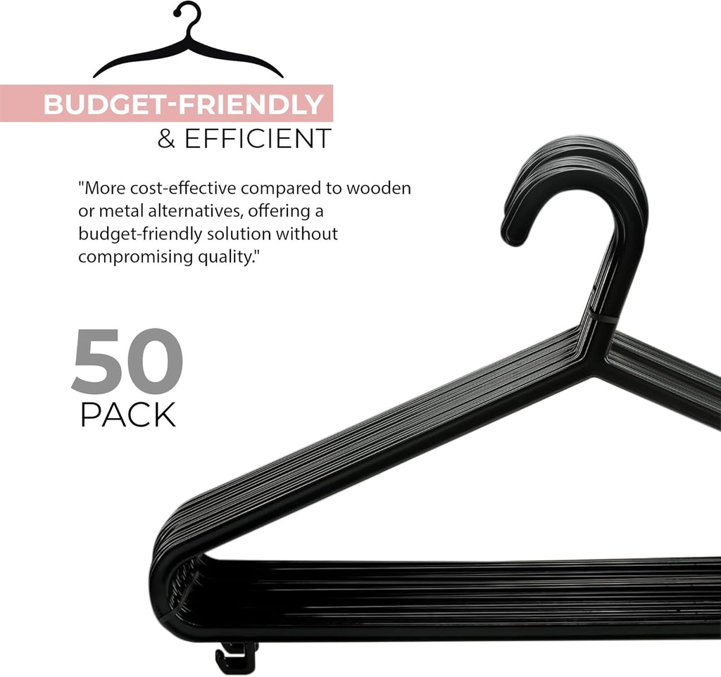 Coat Hangers, 50 Pack, Black | Adult Plastic Clothes Hangers for Clothes | Durable & Lightweight | Non-Slip, Space-Saving Design for Shirts, Jackets, Trousers & More (50 Pack)