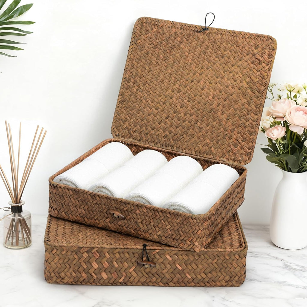 Elsjoy 2 Pack Seagrass Storage Box with Lid, Wicker Storage Baskets Flat Rattan Storage Bins, Woven Organizer Baskets for Shelf, Closet, Bedroom