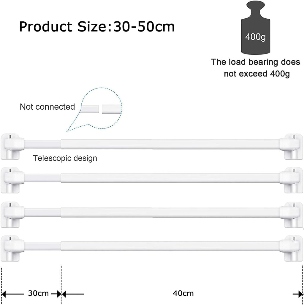 BANJlLl 2 Pack Extendable Net Curtain Rods (30-50cm) with 4 Sticky Hooks - No Drill Tension Rod for Windows.Bathroom, Rental Homes Strong Adhesive, White Lightweight Poles
