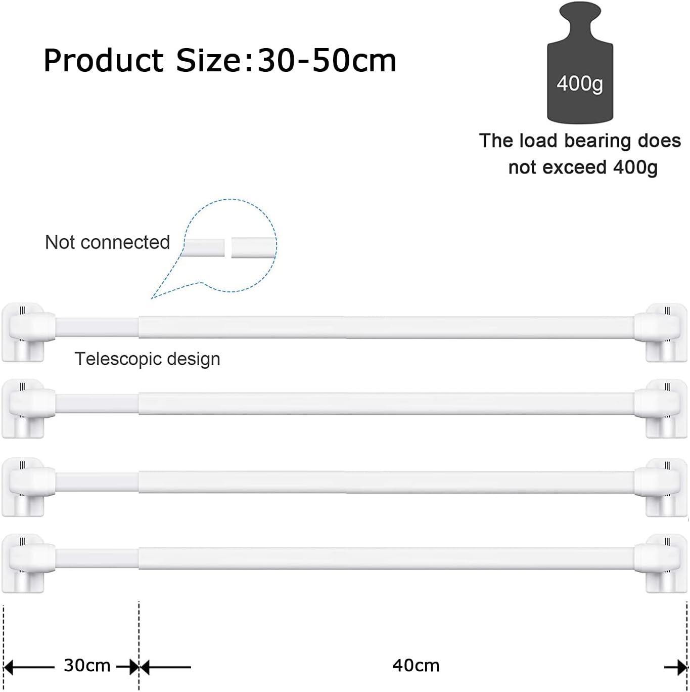 BANJlLl 2 Pack Extendable Net Curtain Rods (30-50cm) with 4 Sticky Hooks - No Drill Tension Rod for Windows.Bathroom, Rental Homes Strong Adhesive, White Lightweight Poles