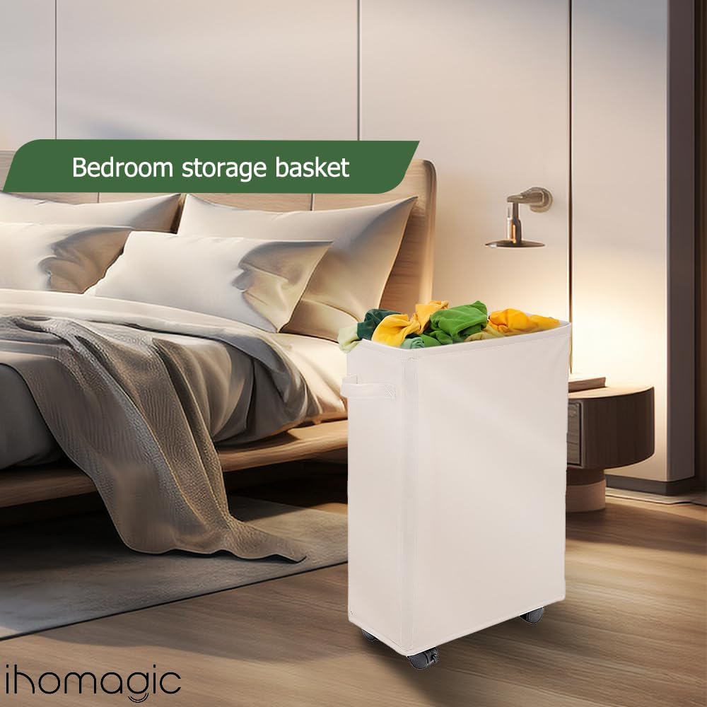 Slim Laundry Basket - Rectangle Laundry Hamper With Wheels - Foldable Storage Bin Coner Washing Hamper Dirty Clothes Storage Hamper for Clothes in Bedrooms, Living Room, Bathroom (Beige)