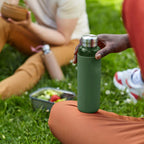 BLACK+BLUM - Glass Water Bottle - Leak Proof, Lightweight Borosilicate Glass Bottle with Screw-Fit Lid, Carry Loop and Protective Sleeve - Freezer Safe, Olive - 600ml