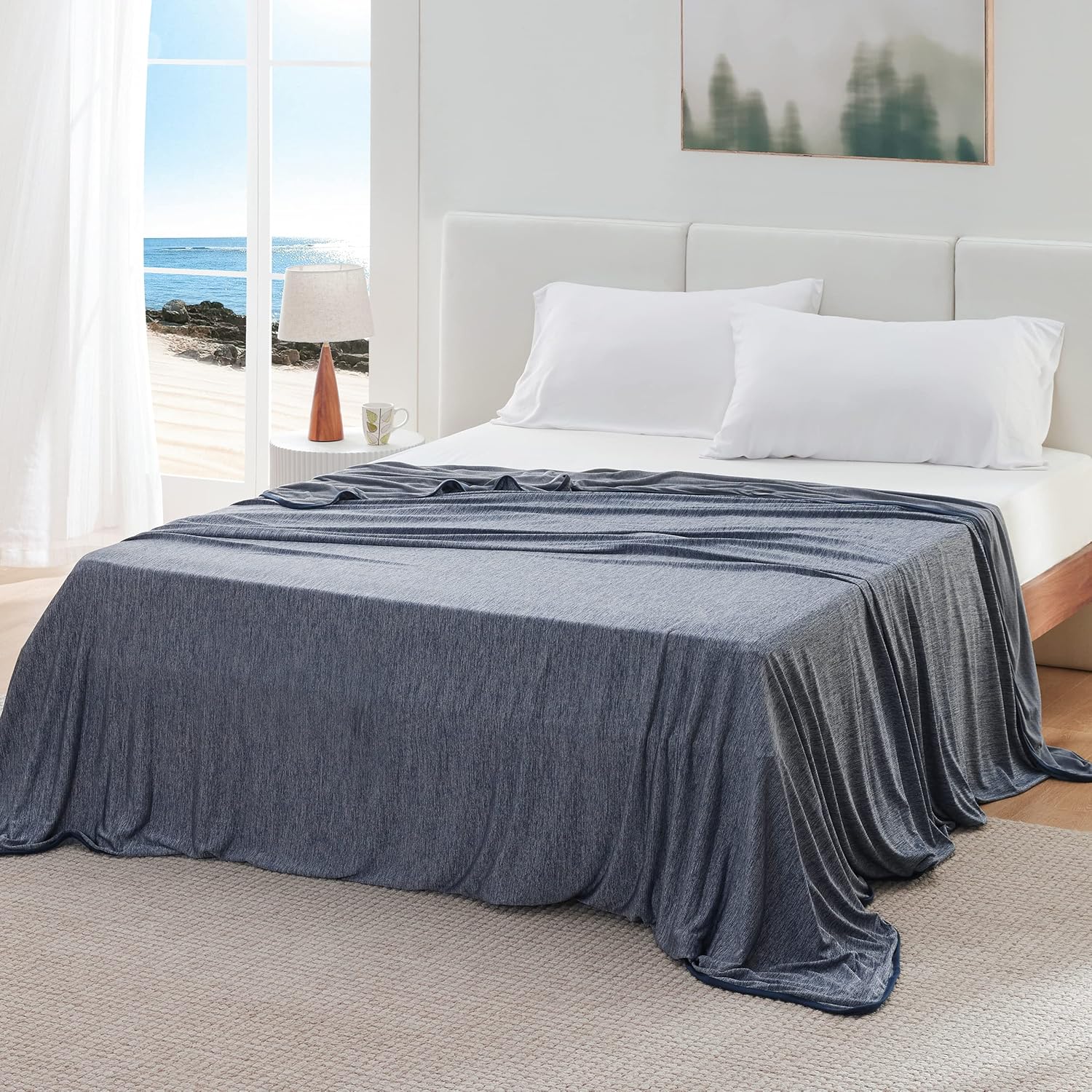 Cooling Blanket for Night - Summer Blanket with Rayon Derived from Bamboo, Dual Sided Lightweight Cool Blanket with Arc-chill Cooling Fiber for Hot Sleepers Queen, Blue, 220x240 cm