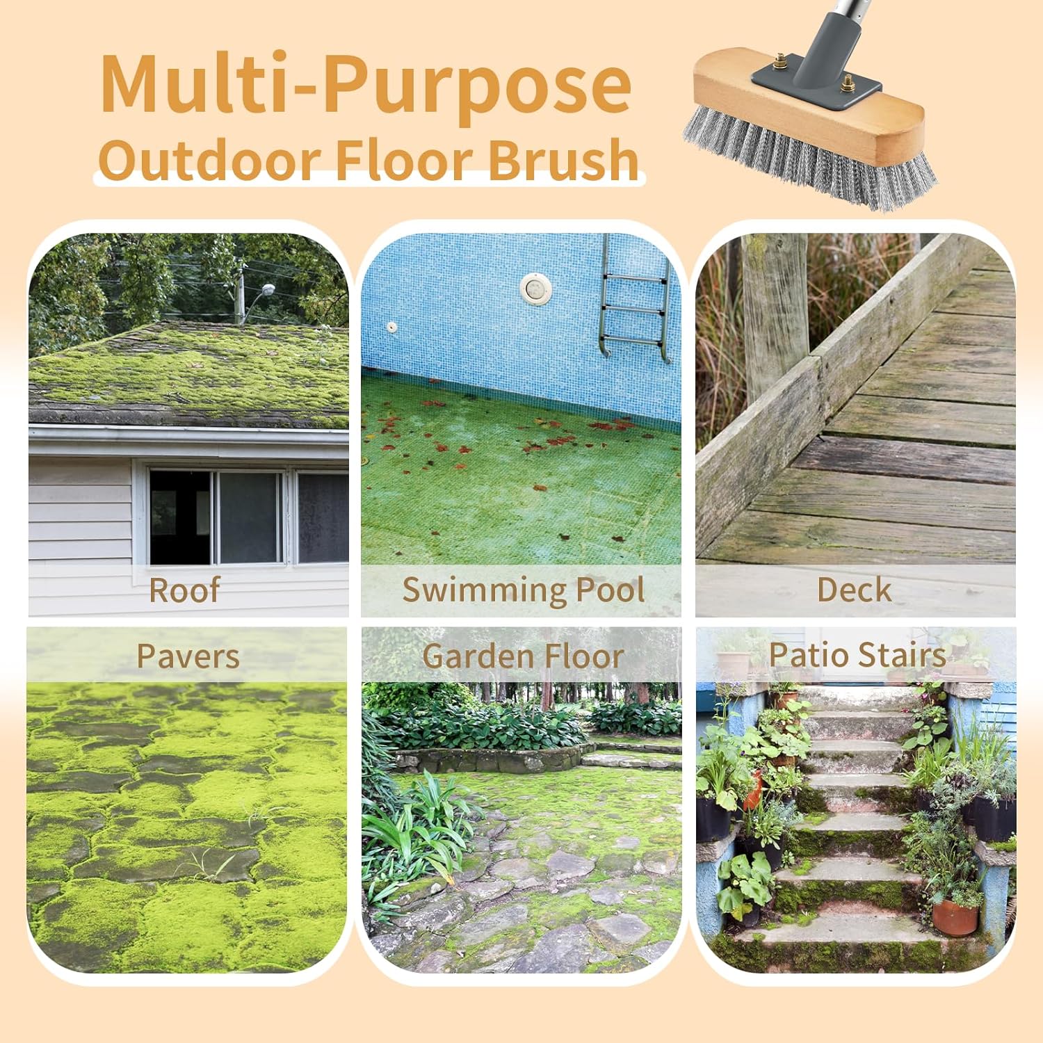 Wire Broom with 150cm Handle, Heavy Duty Wire Brush for Patio Garden Moss Algae Weed Removing, Hard Stiff Metal Brush Outdoor Floor Scruber for Cleaning Yard Roof Deck