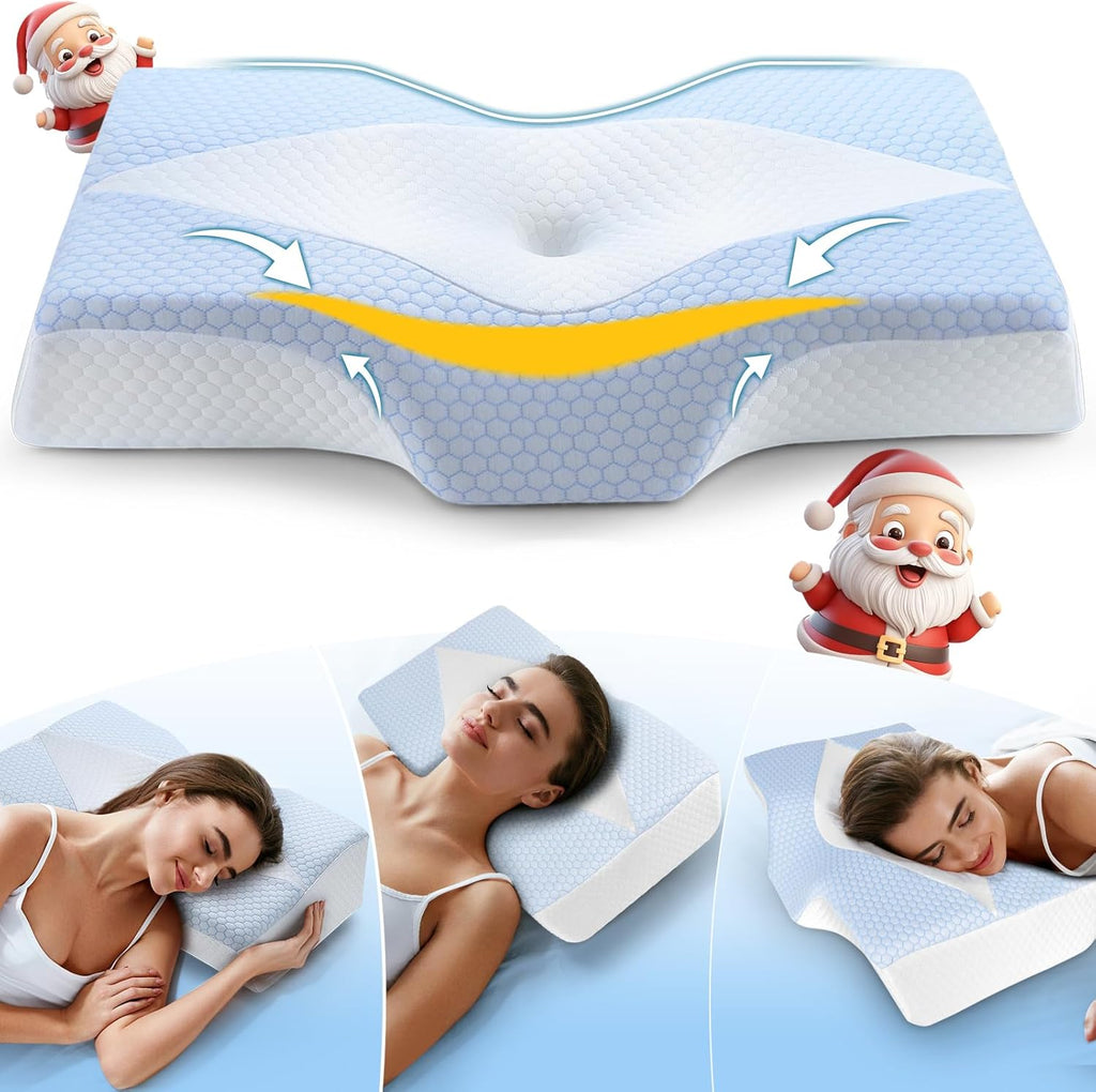 Memory Foam Neck Support Pillow for Neck and Shoulder Pain Sleeping with Cooling Pillowcase: Ergonomic Cervical Pillow 5X Pain Relief - Contour Bed Bolster Pillows for Side Back Stomach Sleepers