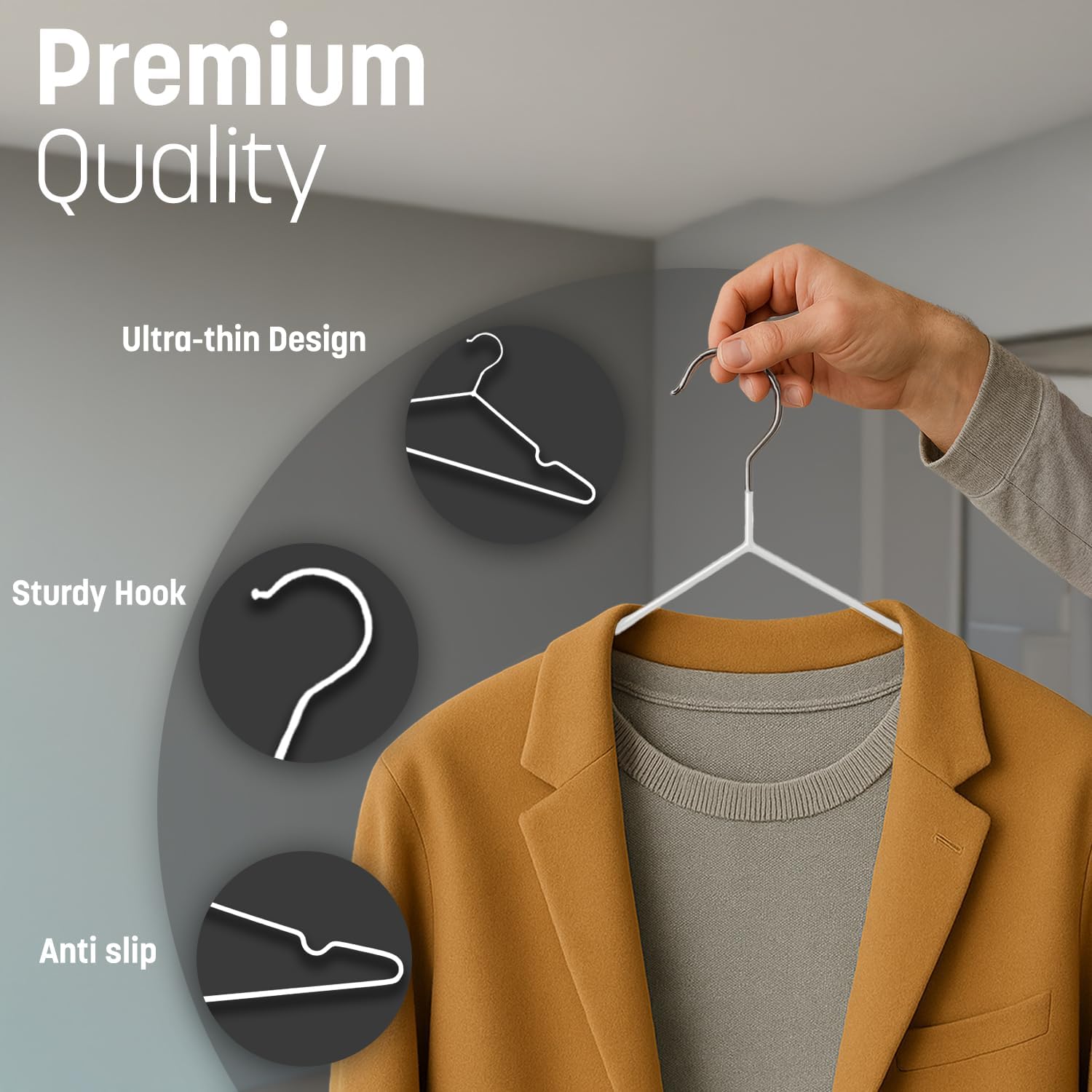 20x Premium Rubber Coated Metal Hangers - Heavy Duty - Space Saving Organiser Clothes Hangers For Wardrobes Coat Rack Rails (White)
