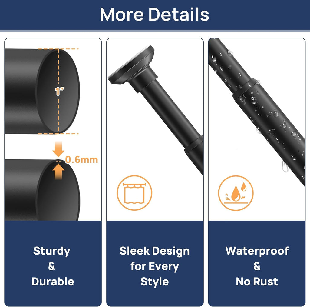 Matte Black Shower Curtain Pole 84 to 183 cm, 1 Inch Extendable Tension Rods for Curtains No Drill, Shower Rail for Bathroom, Closet, Window, Room Divider, Never Rust, Non Slip