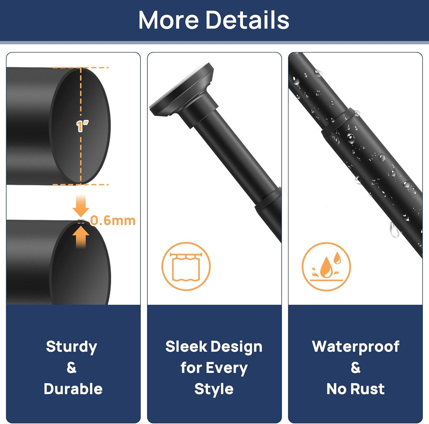 Matte Black Shower Curtain Pole 84 to 183 cm, 1 Inch Extendable Tension Rods for Curtains No Drill, Shower Rail for Bathroom, Closet, Window, Room Divider, Never Rust, Non Slip