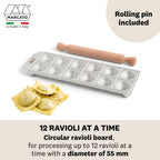 Ravioli Maker Press, Ravioli Machine, Homemade Ravioli Cutter, 50 mm Round Cut, Ample Filling Space, Wooden Rolling Pin Included, Made in Italy