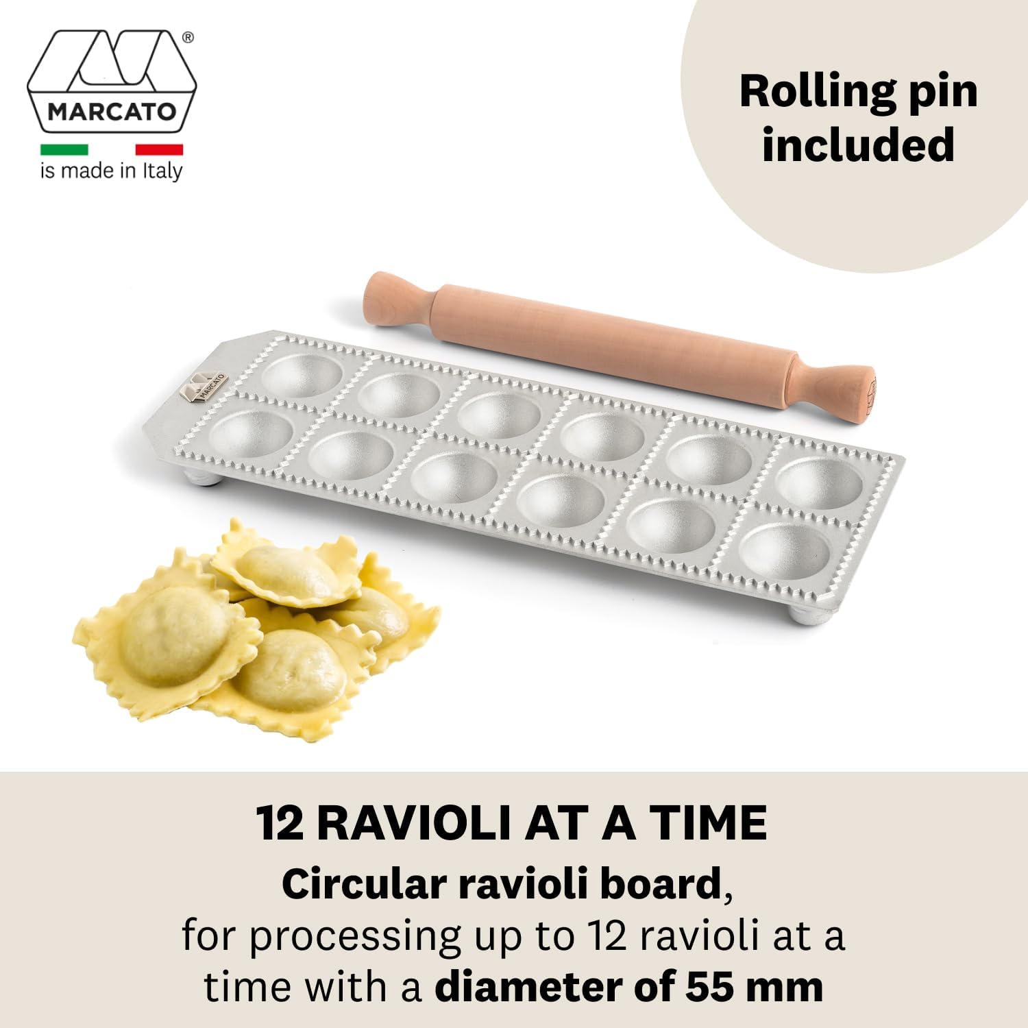 Ravioli Maker Press, Ravioli Machine, Homemade Ravioli Cutter, 50 mm Round Cut, Ample Filling Space, Wooden Rolling Pin Included, Made in Italy