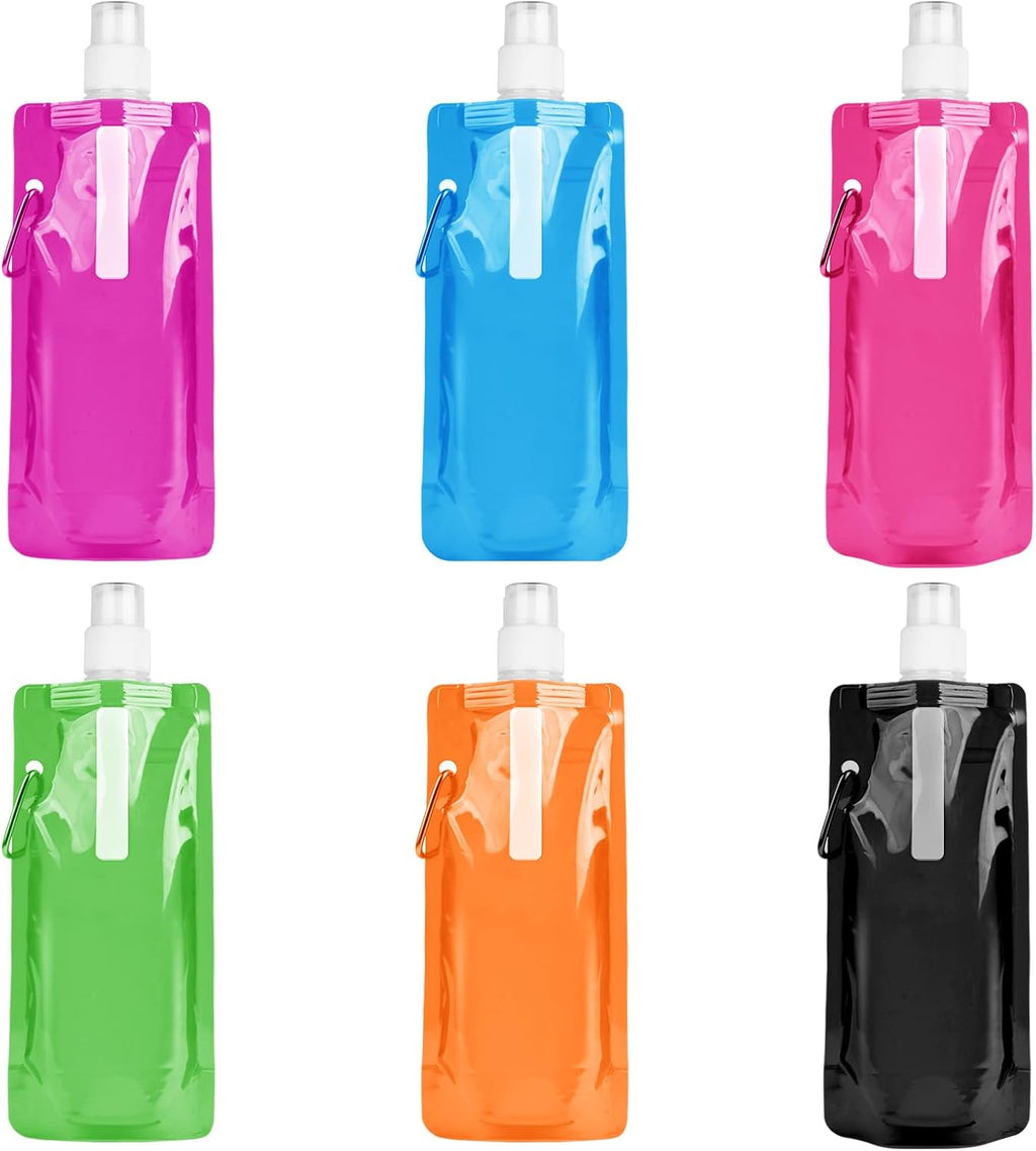 Foldable Sports Bottle, 6pcs Foldable Water Bottle 500mL, Reusable BPA Free Collapsible Water Bottle, Flexible Drink Pouches Bags with Clip for Outdoor Sports, Travel, Biking, Hiking