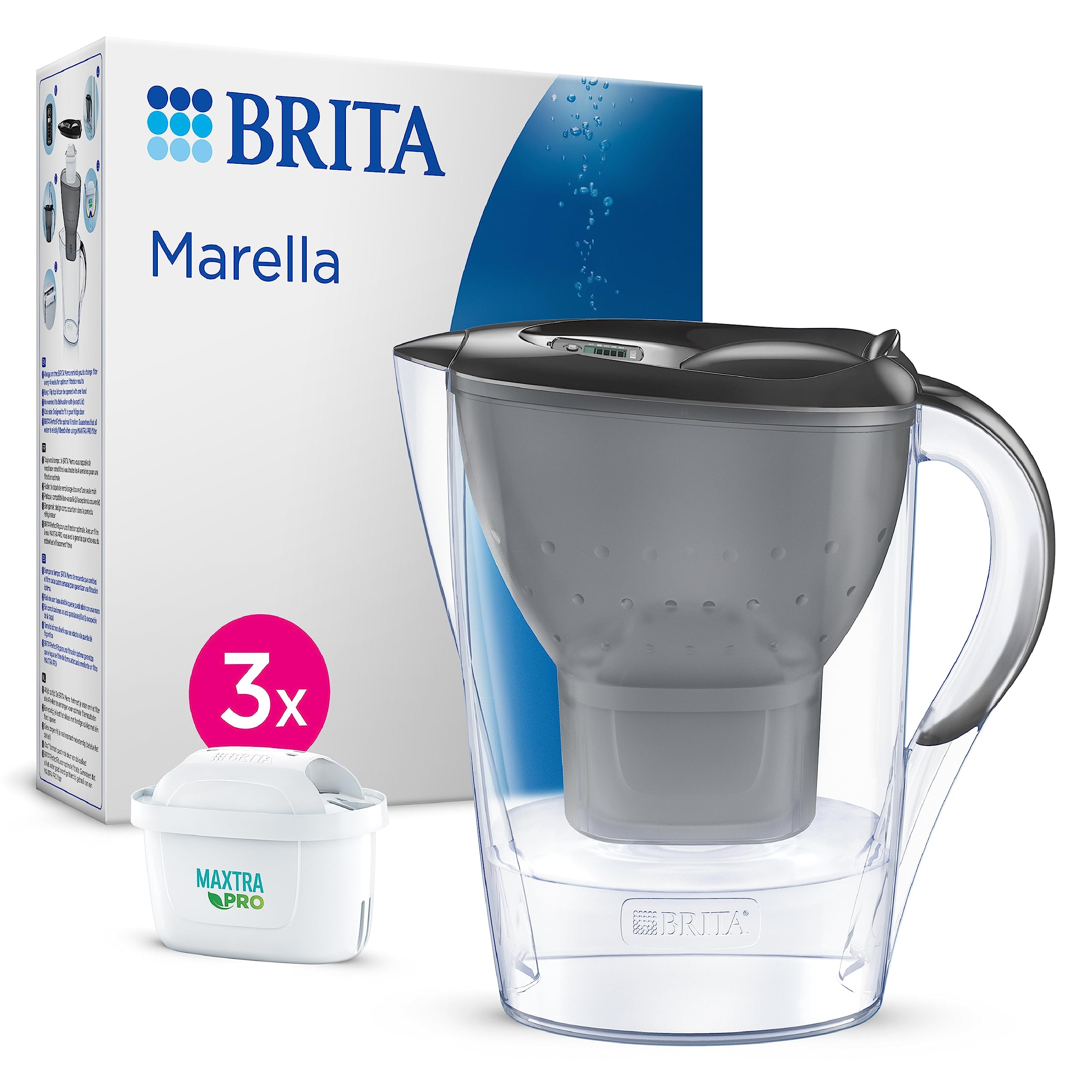 Marella Water Filter Jug Graphite (2.4L) Starter Pack incl. 3x MAXTRA PRO Pure Performance cartridge - fridge-fitting jug with digital LTI and Flip-Lid - now in sustainable Smart Box packaging