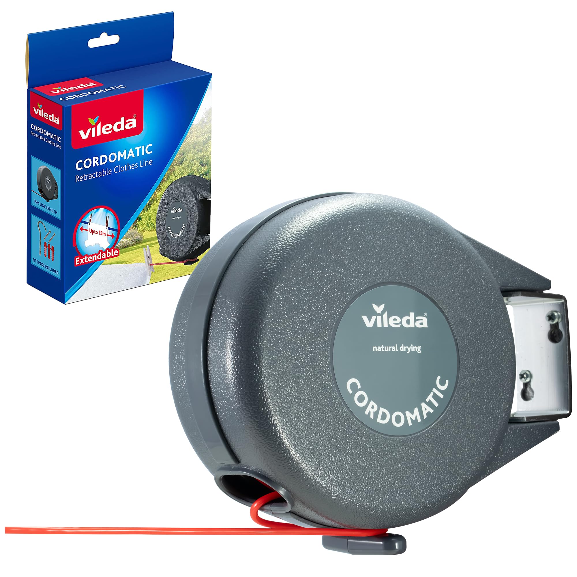 Vileda Cordomatic Retractable Washing line 15m | 1 x 15m clothes line holds up to 15kg | Extendable Clothes Line | Automatic retraction | Strong and durable | Wall Mounted for Indoor & Outdoor Use Main image