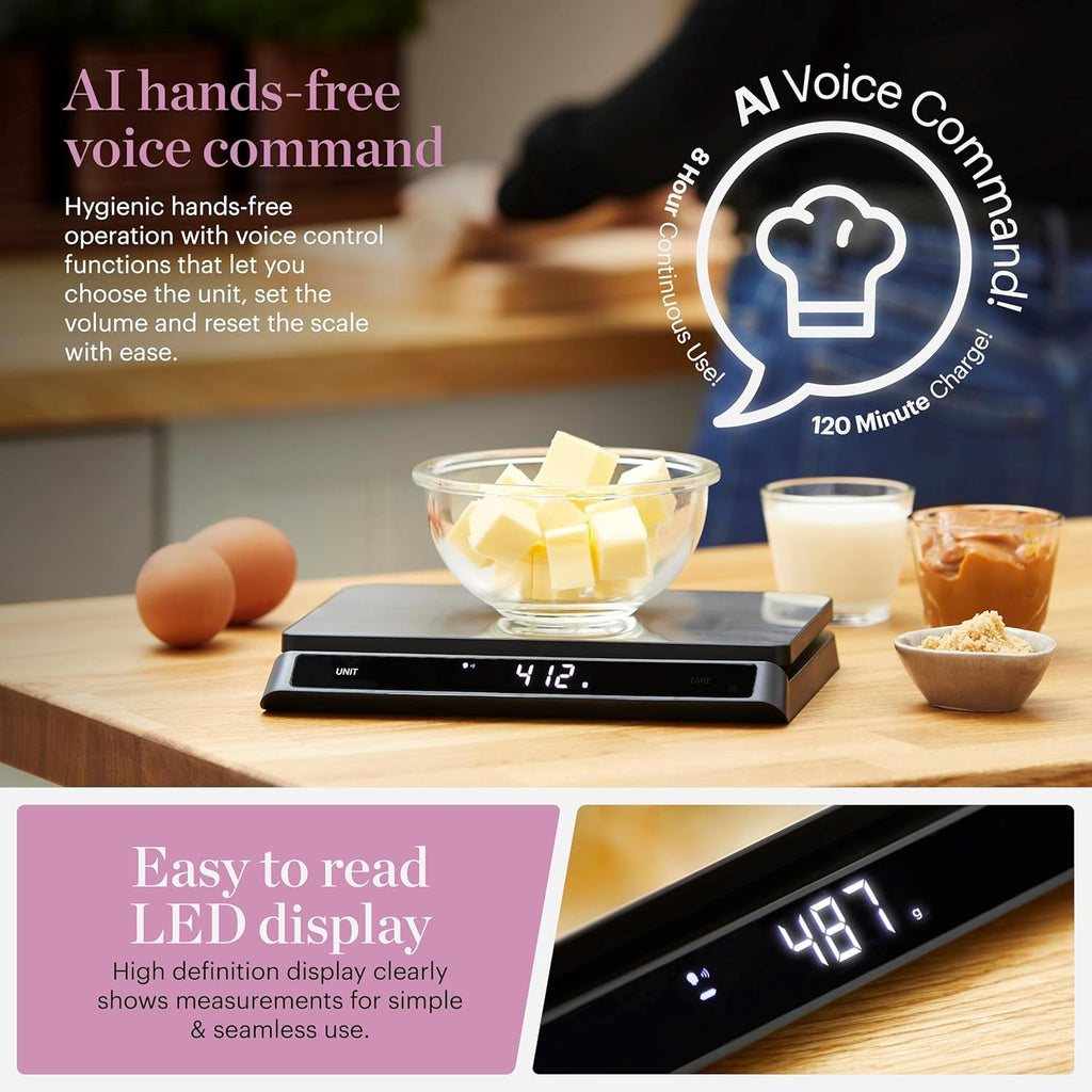 GF876009 Good Food in partnership with Tower Digital Intelli Kitchen Scale, Voice Control, LED Display, USB Rechargeable, 15kg Capacity, Black & Stainless Steel, 19.45