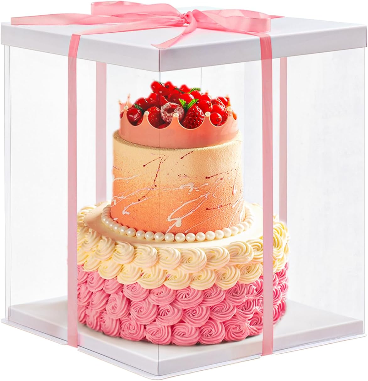 Clear Cake Box, 34x34x37CM for 12 Inch Tall Cake Box, Transparent Cake gift Boxes with Lid & Ribbon, Plastic Cube Cake Gift Packaging Boxes for Birthday Wedding Christmas Party