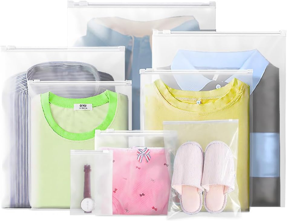 50 Pcs 5 Sizes Zip Lock Bags for Clothes,Maternity Hospital Bag Organiser Pouches,Clear Plastic Reusable Ziplock Bags for Clothes,Travel,Luggage,Shoes,Cosmetics,Frosted and Transparent,No Holes