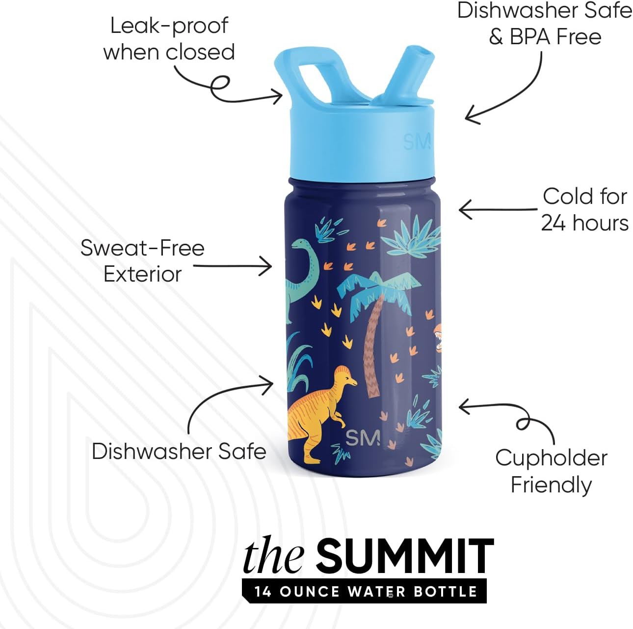 Kids Water Bottle with Straw | Insulated Stainless Steel Reusable Tumbler for Toddlers, Girls, Boys | Summit Collection | 415ml | Jurassic Jungle