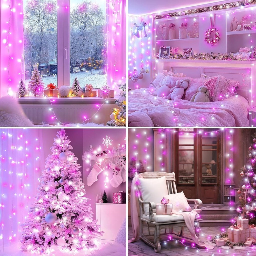 Pink Christmas Lights 200 LED Pink Fairy Lights for Bedroom 66Ft/20M with Timer IP44 Waterproof String Lights Mains Powered for Christmas Decorations, Bedroom Decor, Pink&White