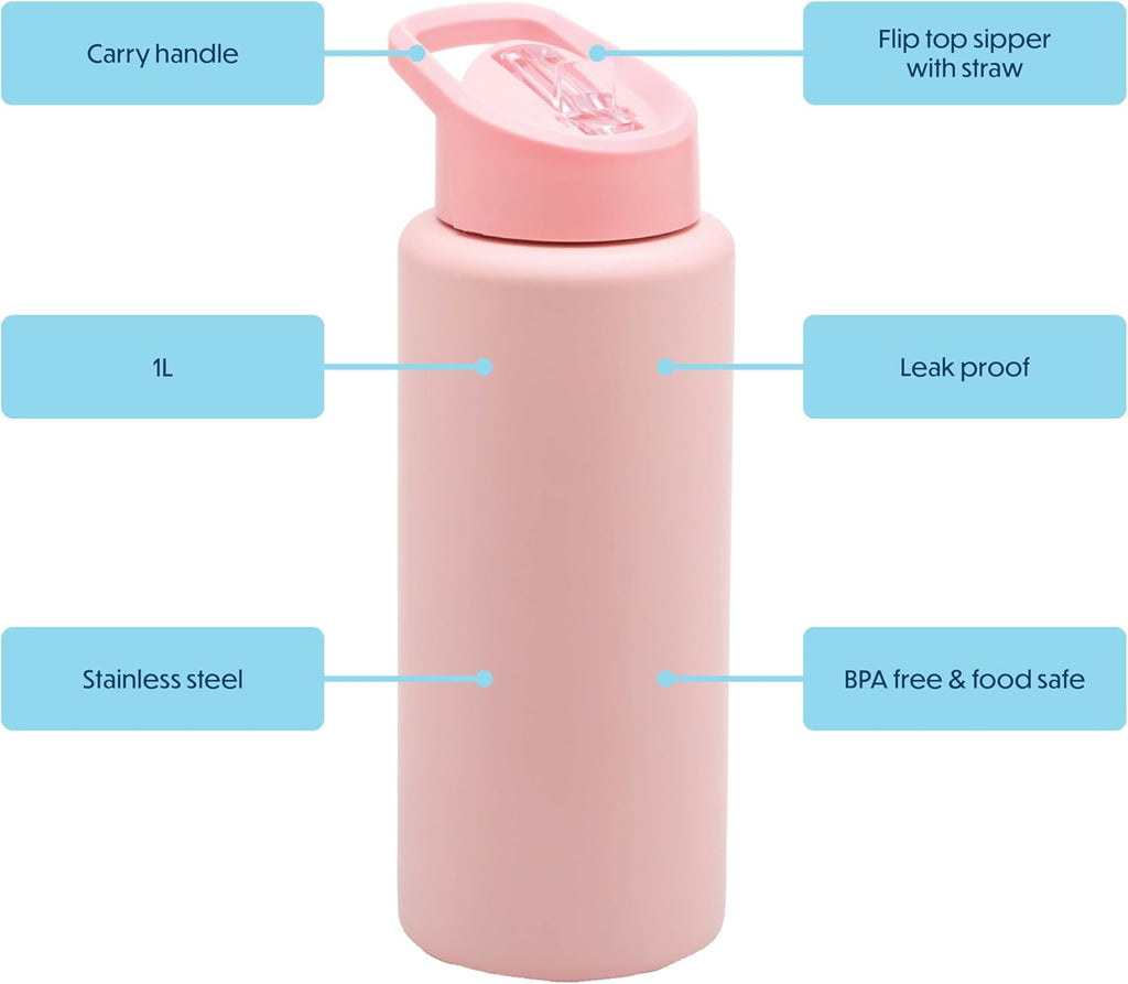 Stainless Steel Reusable 1 litre water bottle - Peach