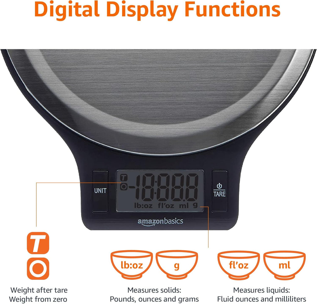 Digital kitchen scales with LCD display (with batteries), Black and Stainless Steel, BPA free, Weighs up to 11 pounds