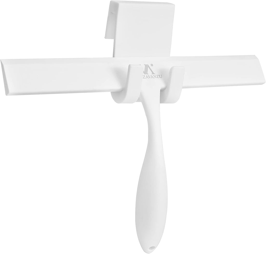 Shower Squeegee for Shower Glass Doors, Bathroom Squeegee for Shower, with No-Drilling Hanging Hook, Non-Slip Handle Silicone Squeegee for Mirror, Car, Window, Glass (White)