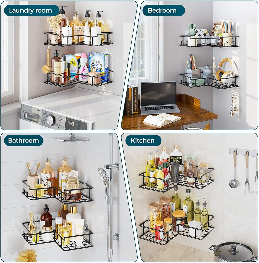 Vinabo Corner Shower Caddy, 2 Pack Rustproof Bathroom Shelves, Shower Shelf No Drilling, Adhesive Bathroom Organiser Accessory with Hooks, Black