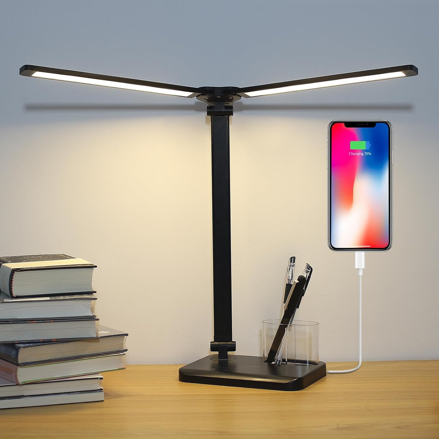 Dual Swing Arm LED Desk Lamp, 5 Modes Touch Control Brightness Levels Desk Light with 45-Minute Auto-Off Timer, USB Charging Port, Memory Function, Desk Lamps for Children