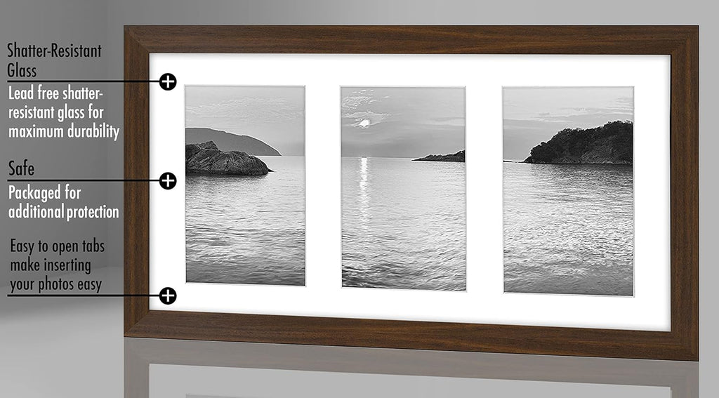 6x4 Collage Photo Frame with Shatter-Resistant Glass - Signature Collection - Fits Three 4x6 Photos or Use as One 8x16 Picture Frame for Tabletop and Wall - Walnut