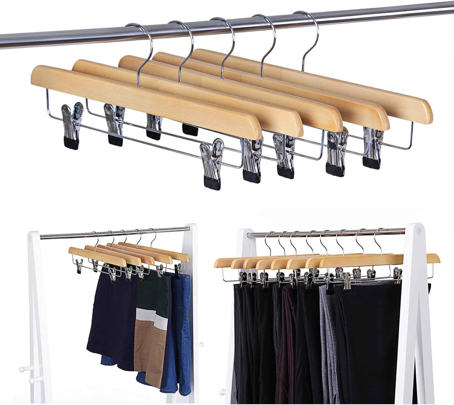 SONGMICS Skirt Hangers, Pack of 8, Solid Wood Trousers Hangers, with Non-Slip Clips for Pants Slacks, Shorts, Natural CRW008-8 Secondary image