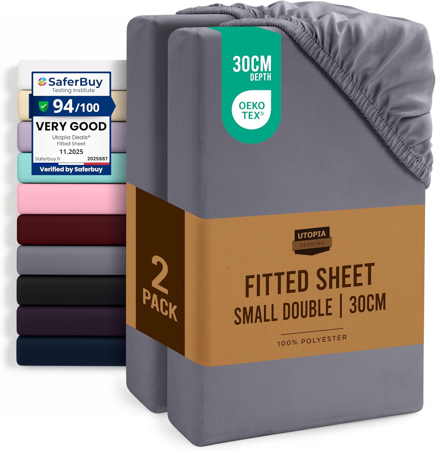 Fitted Sheet Small Double (2 Pack), Grey - Deep Pocket 14 inch (30 cm) - Oeko Tex Certified - Easy Care - Soft Brushed Microfibre Fabric - Shrinkage and Fade Resistant - Bottom Sheet Main image