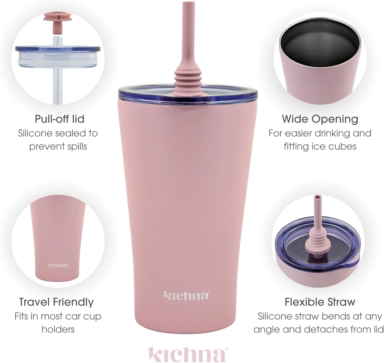 The Sipper Double Walled Stainless Steel Coffee, Water Tumbler 550ml | Wide Mouth, Flexible & Removable Straw with Splash & Leak Proof with Silicon Lid | Keeps Cold for 14Hrs | Blush Pink