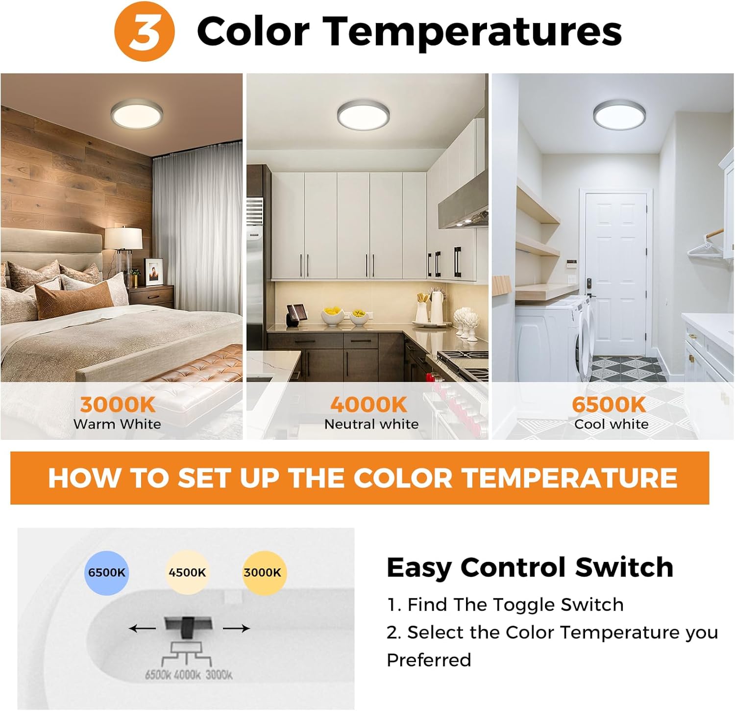 Bathroom Light, 3000K/4000K/6500K 3 Color Temperature, Waterproof IP54, Small, Round, Modern, Flush Ceiling Light for Bathroom, Kitchen, Bedroom, Hallway and More