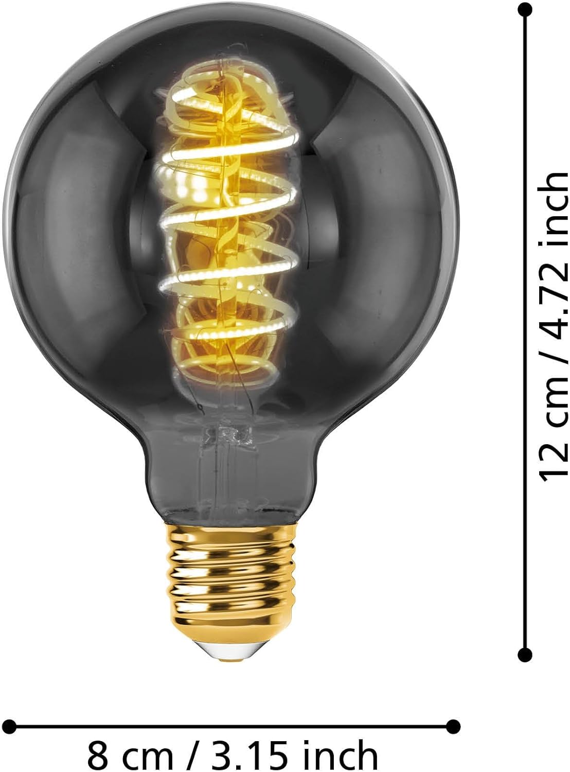 Dimmable E27 LED globe, vintage spiral filament light bulb, Edison lamp for retro lighting, 4 watt, 100 lumen, warm white glow, black transparent, 2000k, G80, Ø 3"