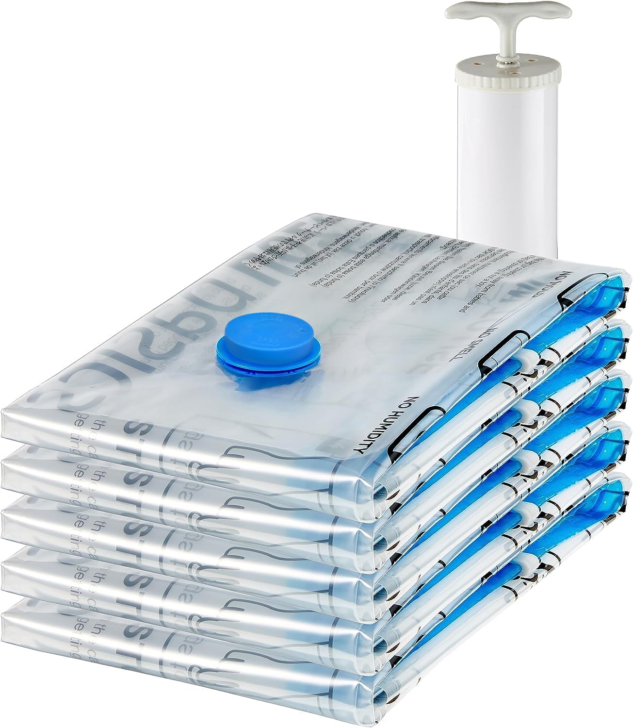 Vacuum Compression Zipper Storage Bags with Airtight Valve and Hand Pump, Large, 5-Pack, Clear Main image