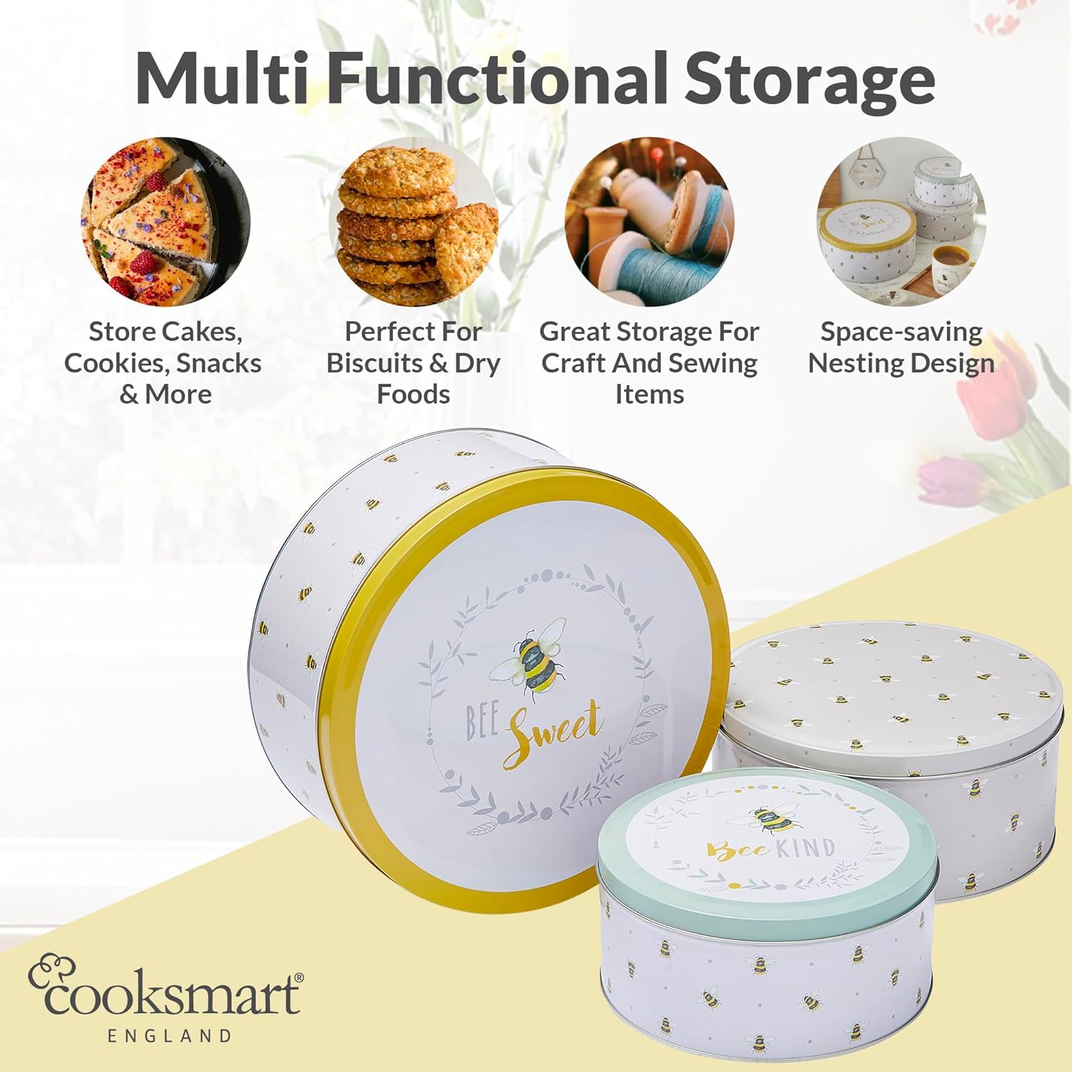 England Set of 3 Cake Storage Tins | British Designed Nesting Cake Tins for Biscuits | Tin/Biscuit Tin Available as Square Storage Tin or as Round Storage Tin